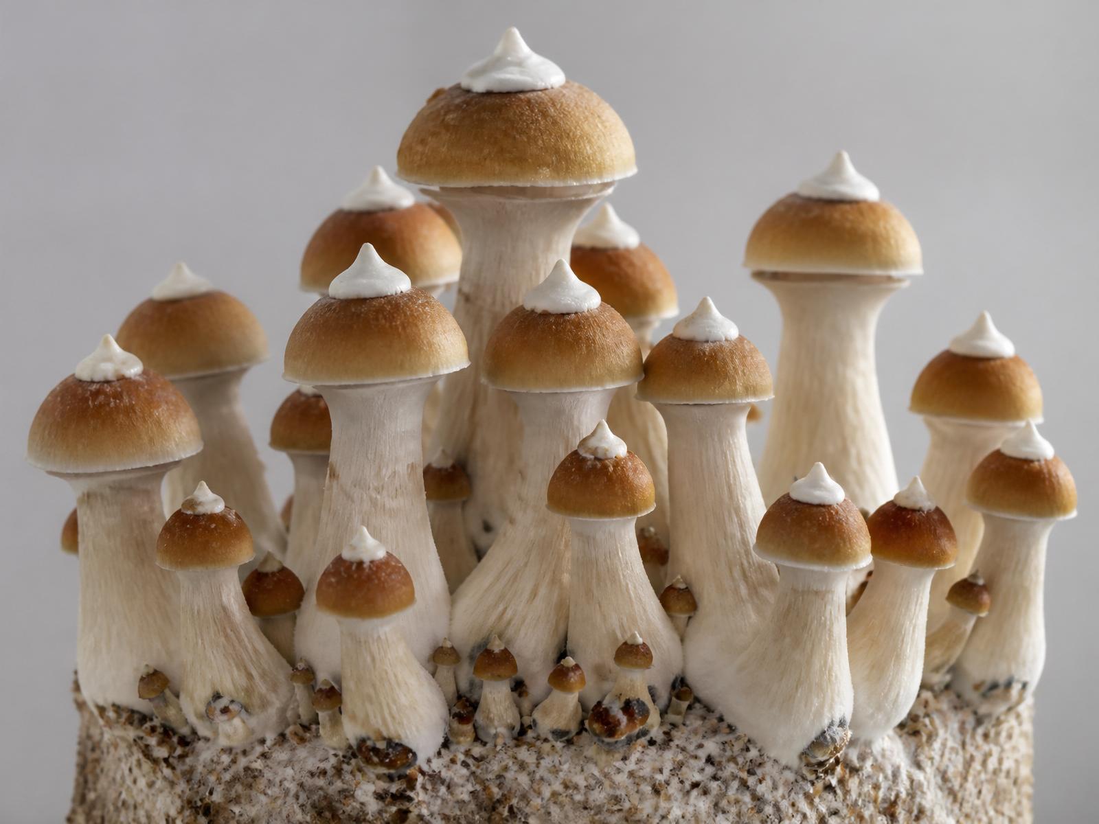 TF8 fruiting block showing cluster of mushrooms with thick white stems and distinctive white 'toque' tops on many caps